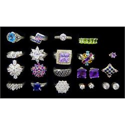 Fourteen silver stone set rings including tanzanite, garnet, amethyst, cubic zirconia, peridot and topaz two pairs of silver amethyst stud earrings, two pairs of cubic zirconia stud earrings and a silver pendant, stamped 925