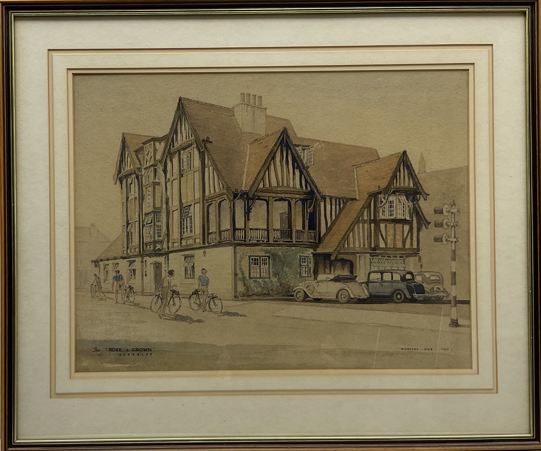 Allanson Hick (British 1898-1975): 'The Rose and Crown Beverley Bar', watercolour over pencil signed titled and dated 1935, 38cm x 50cm