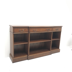  Jeffrey Benson Georgian style inlaid mahogany breakfront open bookcase, two short and one long drawer, plinth base, W153cm, H85cm, D34cm  