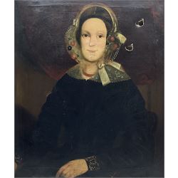 T Lang (Early 19th century): Portrait of a Lady with a Lace Bonnet and Collar, oil on canvas signed and dated 1842, 72cm x 61cm