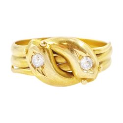 Victorian 18ct gold diamond double coiled snake ring, with an old cut diamonds set in each...