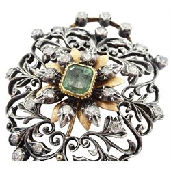 20th century silver and gold diamond foliate and scroll open work brooch, with an emerald centre and a suspending pearl  