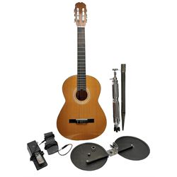 Spanish BM acoustic guitar with mahogany back and sides and spruce top L101cm; in cello carrying case; Roland foot pedal and two Yamaha foot pedals; tin D# organ pipe; folding music stand etc