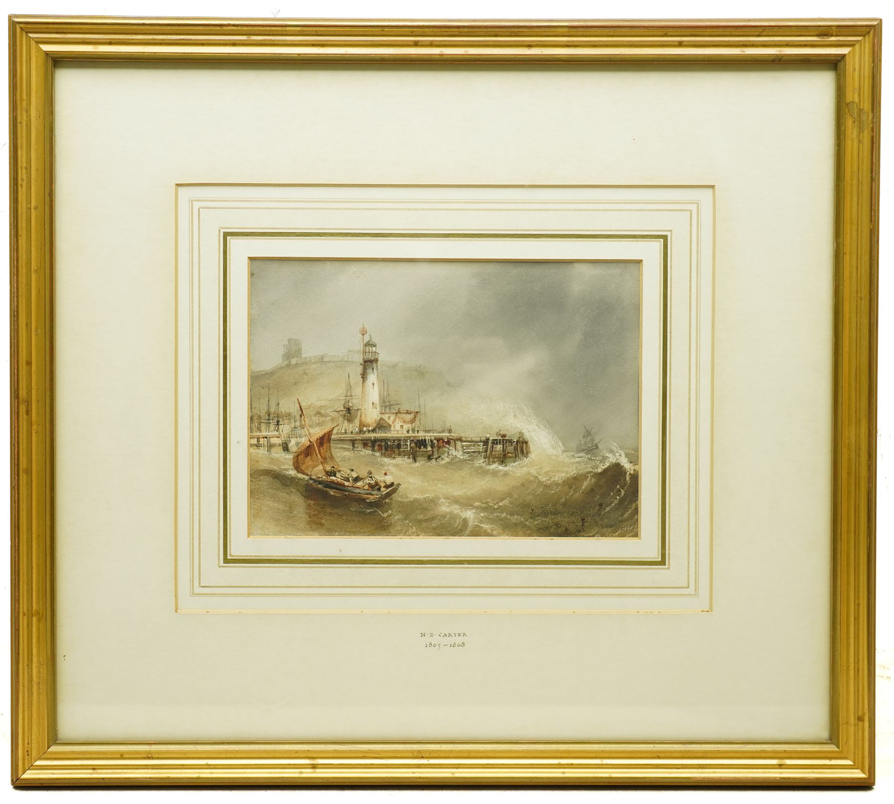 Henry Barlow Carter (British 1804-1868): 'The Entrance to Scarborough Harbour on a Windy Day', watercolour unsigned, attributed and titled on gallery label verso 16cm x 23cm
Provenance: with Walker Galleries, Harrogate, label verso