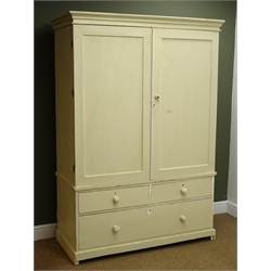  Early 20th century solid pine linen press, projecting cornice, two cupboard doors enclosing four slides, two short and one long drawer on plinth base, W123cm, H178cm, D57cm  