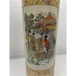 Modern Japanese ceramic umbrella stand, decorated with a figural panel on a yellow floral ground, H60cm