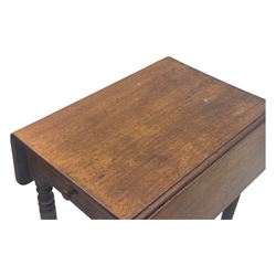 Georgian design mahogany drop-leaf table, rectangular top above a single drawer with brass handle, square supports united by arched undertier, on brass castors (W62cm, D65cm, H72cm); and a smaller mahogany drop-leaf table with single drawer on turned supports (W43cm, D61cm, H72cm)