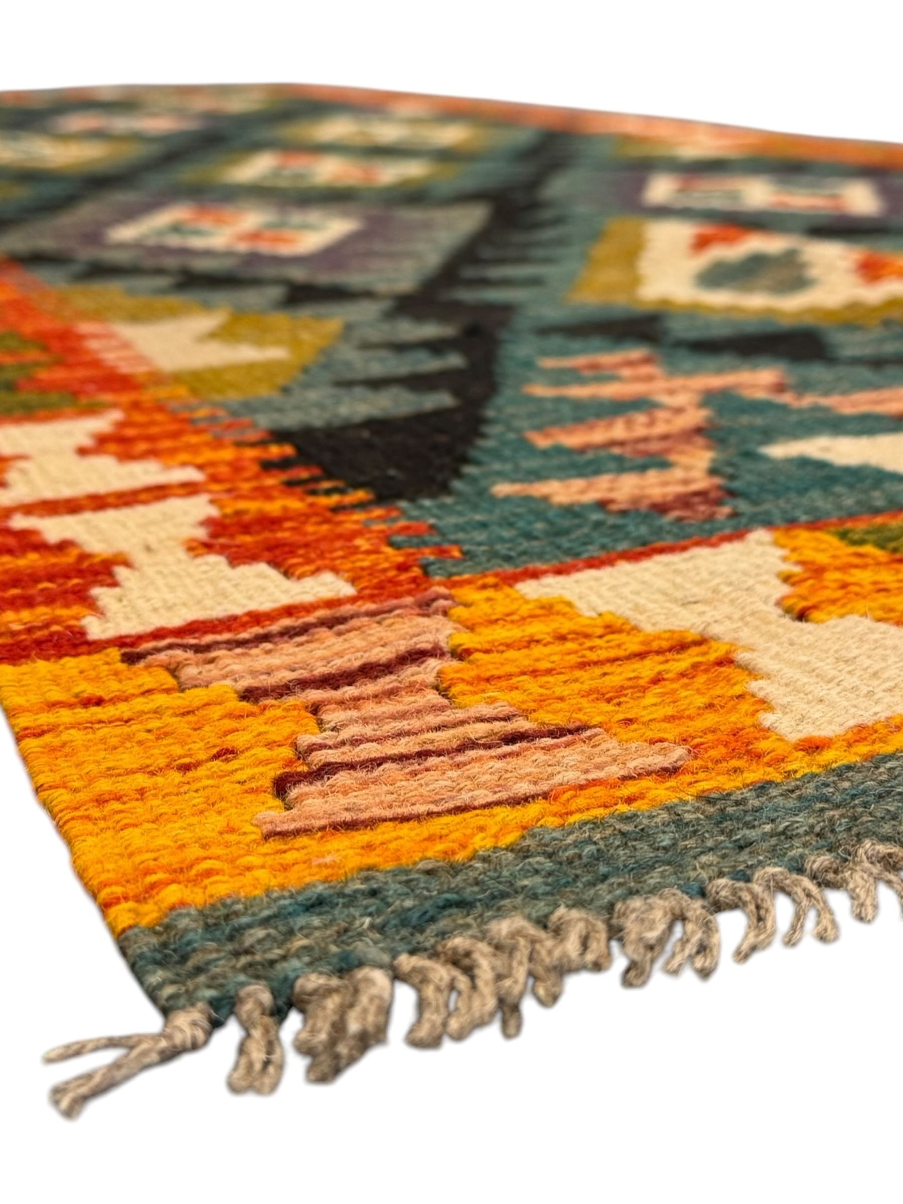 Afghan Maimana Kilim flatweave runner, handwoven with a teal ground featuring a bold multicoloured diamond-lattice design, enclosed by stylised border motifs, finished with fringed edge