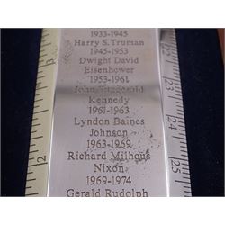 Modern silver 'Presidents Rule' ruler, by Richard Jarvis of Pall Mall, engraved with the names and dates of American Presidents from 1789 to 2001,  hallmarked Richard Jarvis, London 2004, L33.5cm, within silk and velvet lined fitted case
