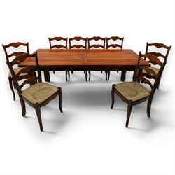 French cherry wood extending dining table, rectangular top on square chamfered supports wi...
