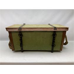 WW2 British Army RAMC 'Regimental Medical Pannier', well marked externally and dated 1941, stamped May 1943 internally, canvas covered wicker form with leather edges, hinged top and fall front with two rope carrying handles, fitted iron locking straps with securing chains; contains various unused field dressings and bandages with WW2 dates and two pillows; original label under lid L79cm