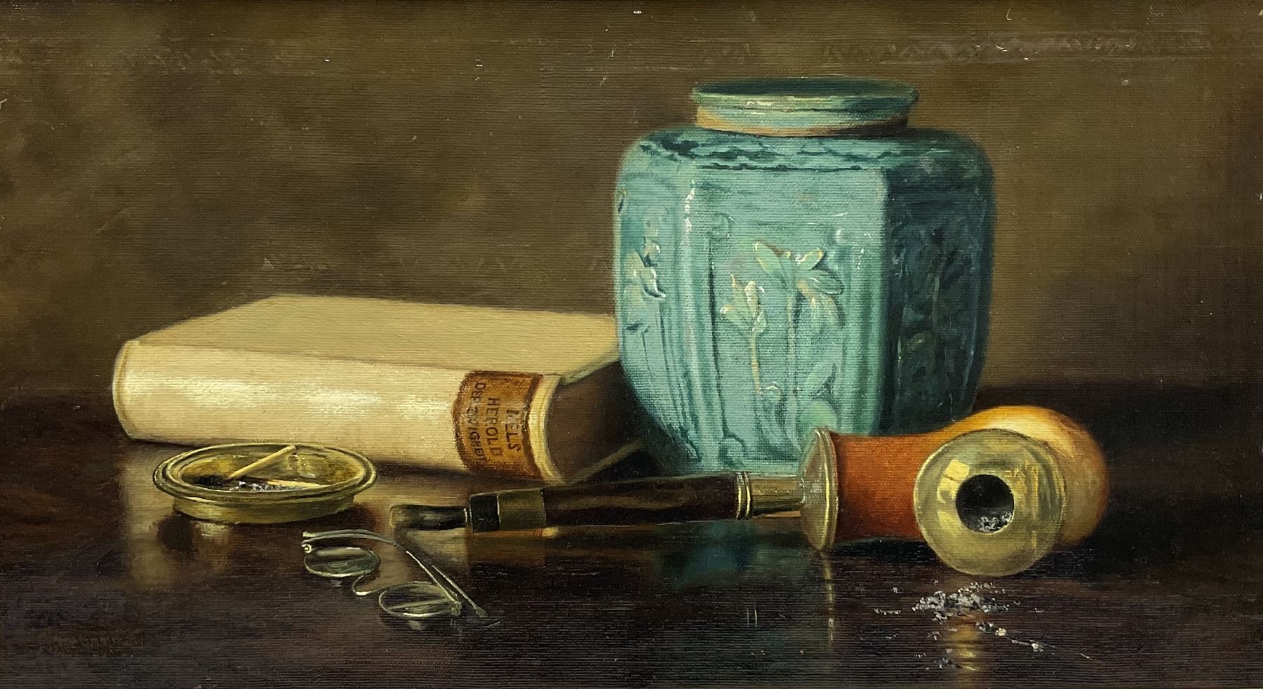 Elaine Katherine Grimshaw (British 1877-1972): Still Life of a Chinese Jar Pipe Book and Spectacles, oil on canvas signed and dated '97, 25cm x 45cm
Notes: Elaine daughter of John Atkinson Grimshaw married E. Ragland Phillips at the age of twenty in 1897. Elaine studied at Balliol College Oxford and whilst there she attended the Ruskin School of Art Oxford. After her marriage, she signed her work, Elaine K Phillips or Elaine Phillips or E Ragland Phillips