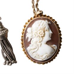 Gold mounted cameo pendant on rope twist chain necklace, both 9ct, early 20th century silver Albertina / bracelet and pocket watch