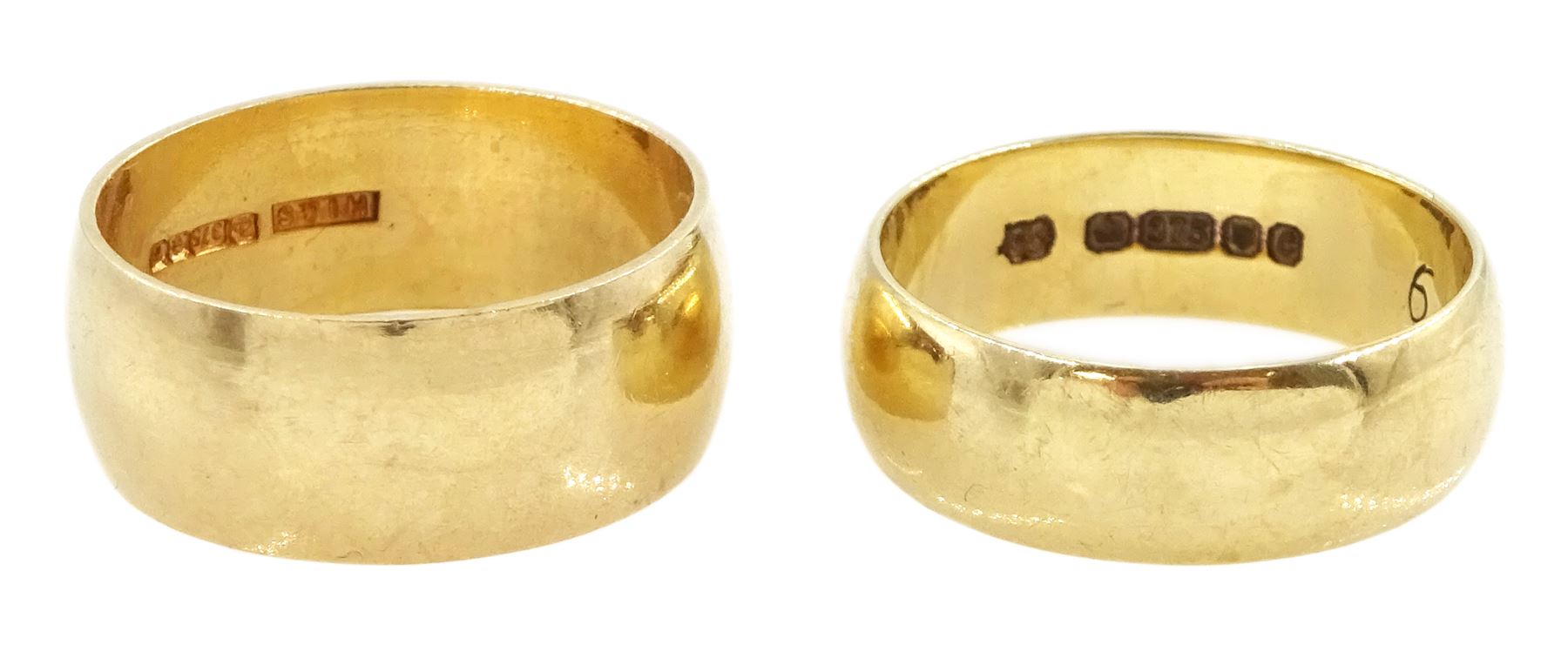 Two gold wedding bands, both hallmarked 9ct