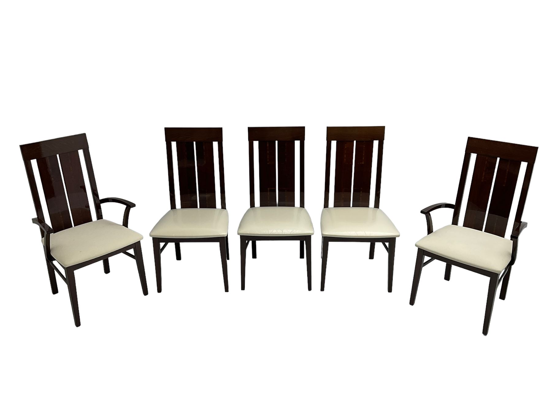 Large American walnut rectangular dining table on square block supports, together with set eight high back dining chairs with cream upholstered seats, the top and chair backs with matching inlaid geometric banding