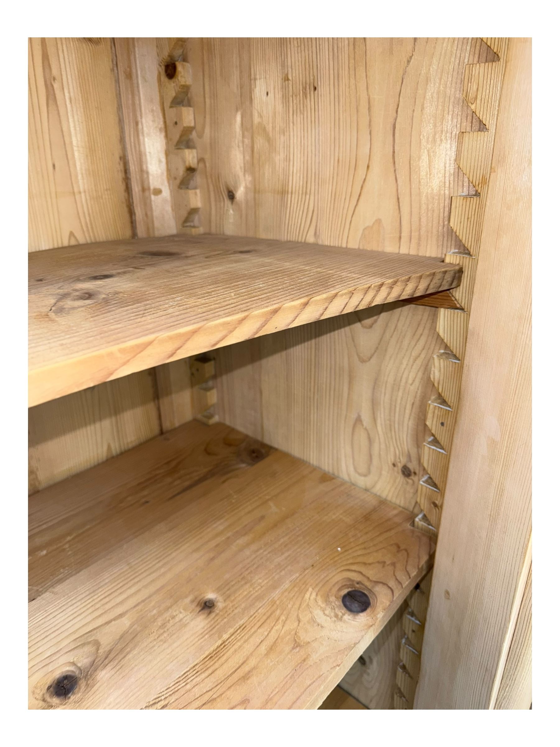Late 19th century Continental pine vitrine, shaped and moulded arched cornice over a single glazed door enclosing adjustable shelves, flanked by carved pilasters with foliate and geometric motifs, fitted with single moulded drawer, raised on compressed bun feet