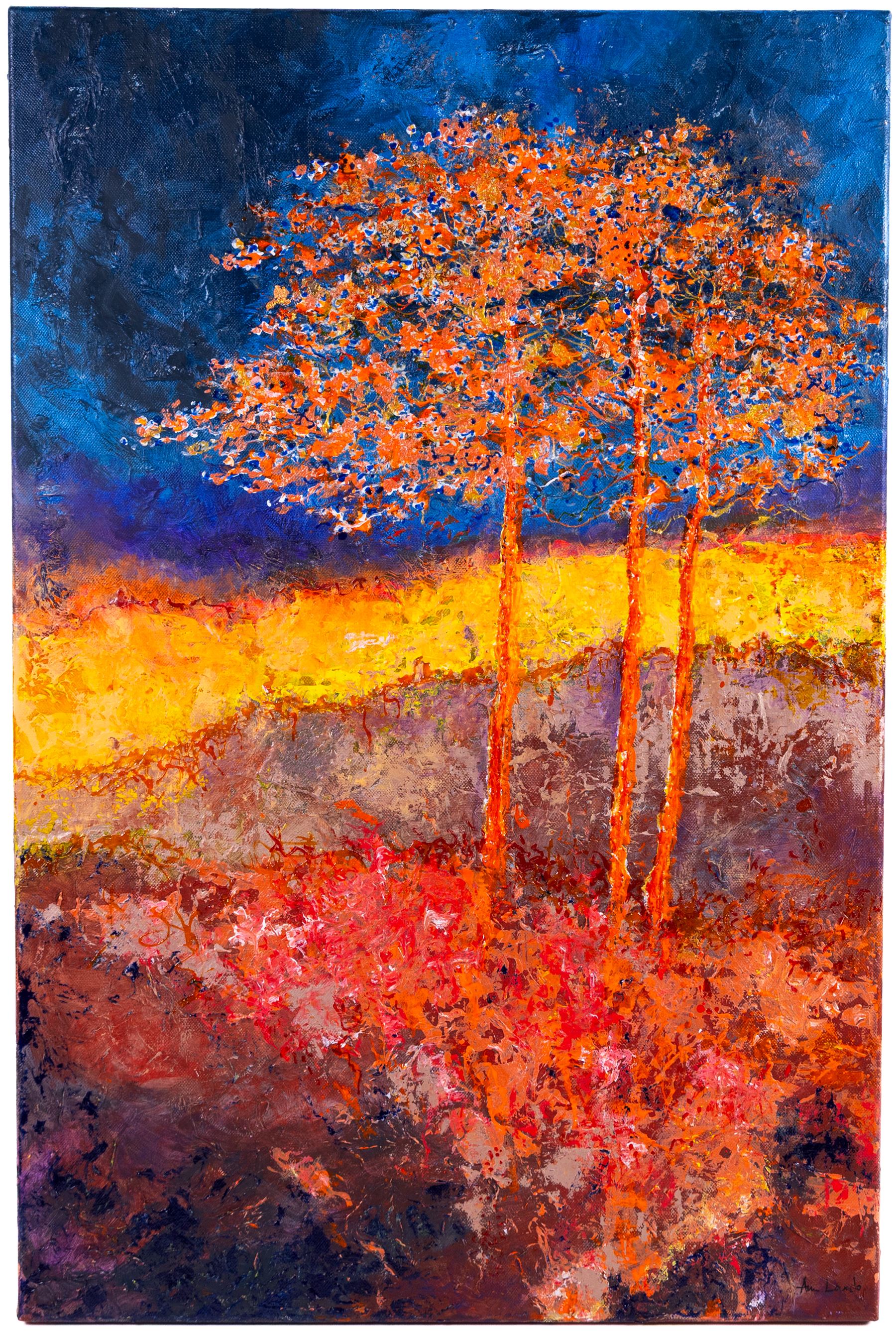 Ann Lamb (British 1955-): Trees Aglow, mixed media on canvas signed 76cm x 51cm (unframed)