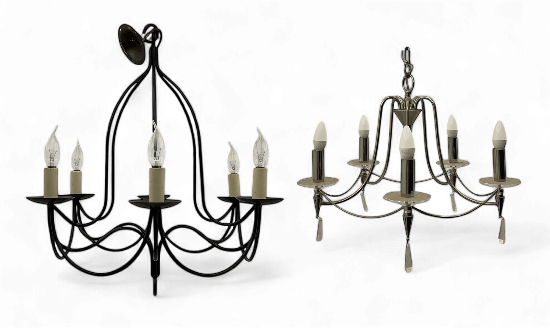 Contemporary black wrought iron six-light chandelier with drip trays and faux candle sleeves; polished chrome six-light chandelier with crystal droplets and cylindrical candleholders (2)
