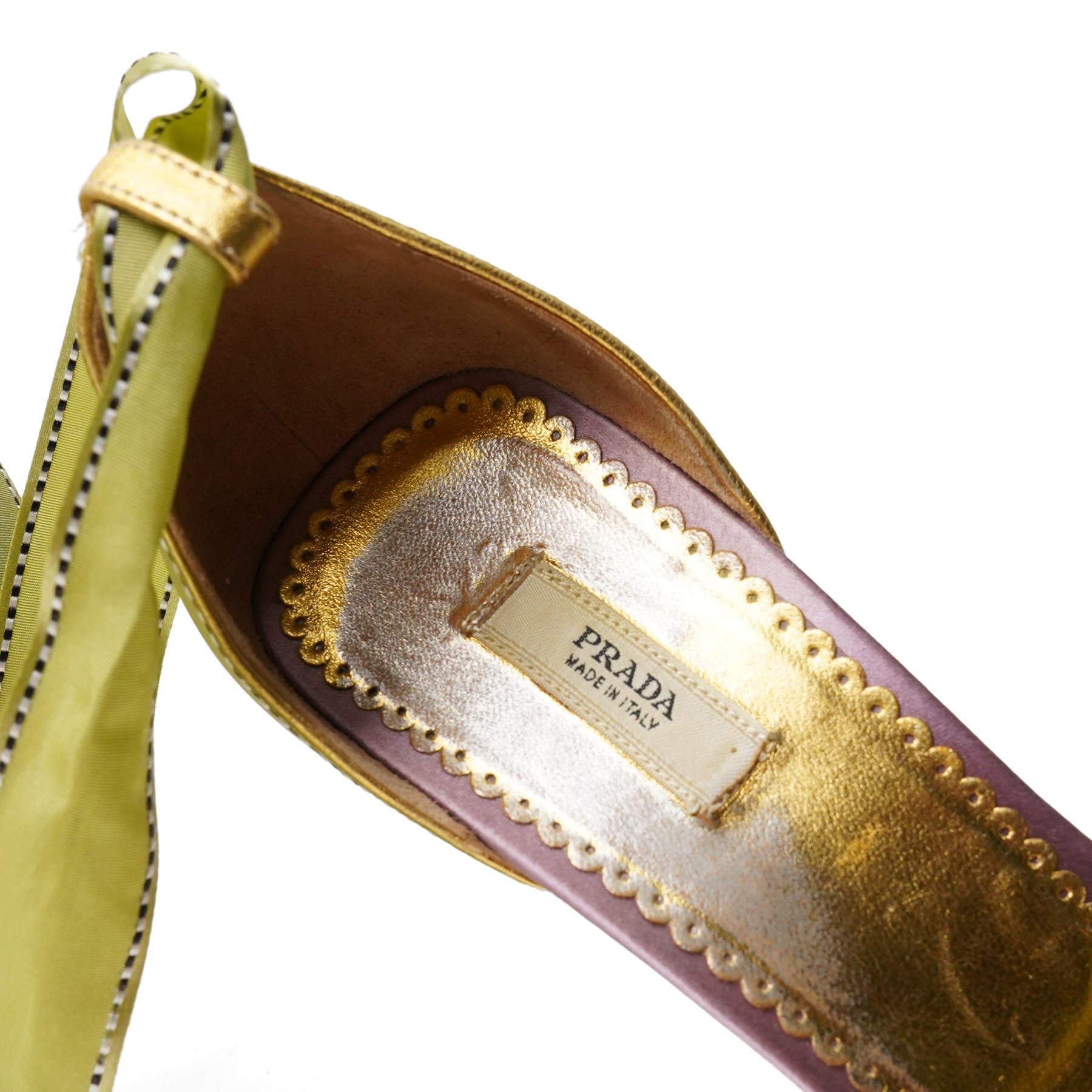 Prada - two pairs of satin slingback heels of the same model, each with ribbon bow detail and contrasting velvet-covered stiletto heels, comprising a lime green and purple pair and a pale pink and red pair, both size 37, with leather soles, one pair appearing little worn, with Prada dust bags and boxes (2)