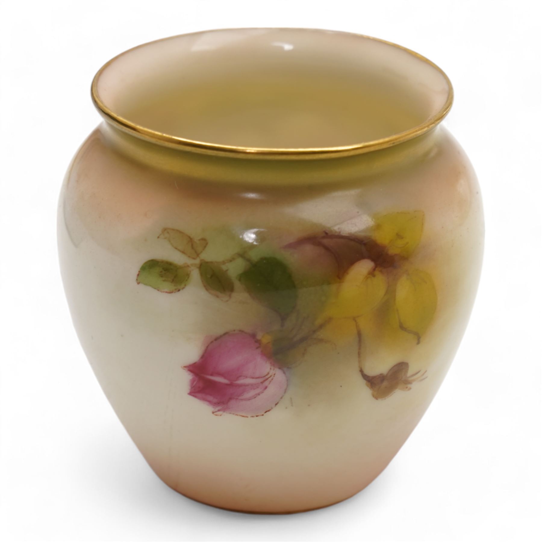 Early 20th century Royal Worcester twin handled dish, painted with roses and buds, within a green and gilt moulded border, signed by J. Lander, L31cm, together with a Royal Worcester vase hand painted with roses, no. 2491, unsigned (2)