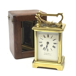A brass cased carriage clock, the white enamel dial with black Roman numerals, marked Pearch & Sons Leeds, York & Leicester, including handle H14cm, in fitted case. 