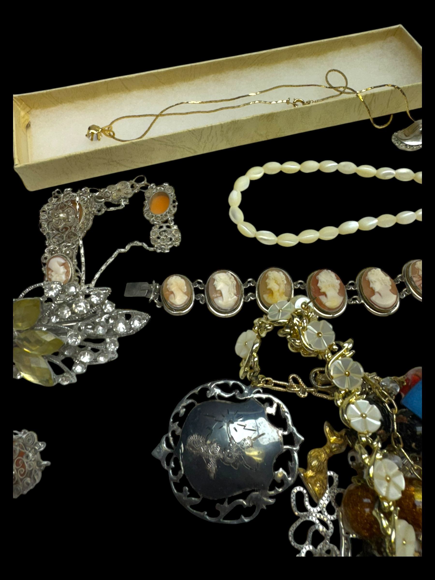 Silver stone set jewellery, including Siam silver brooch and bracelets and continental silver cameo jewellery, together with a collection of costume jewellery, including pair of stud earrings stamped for Christian Dior
