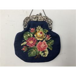 Silver mounted floral embroidery purse, the ornate foliate clasp with hanging chain and floral clip stamped William Comyns & Sons, London 1902
