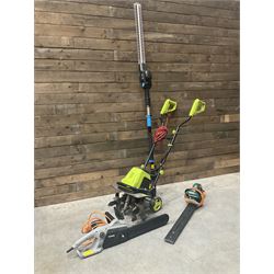 GardenGear electric tiller, MacAllister hedge trimmer, Titan electric chainsaw, and a hedge trimmer