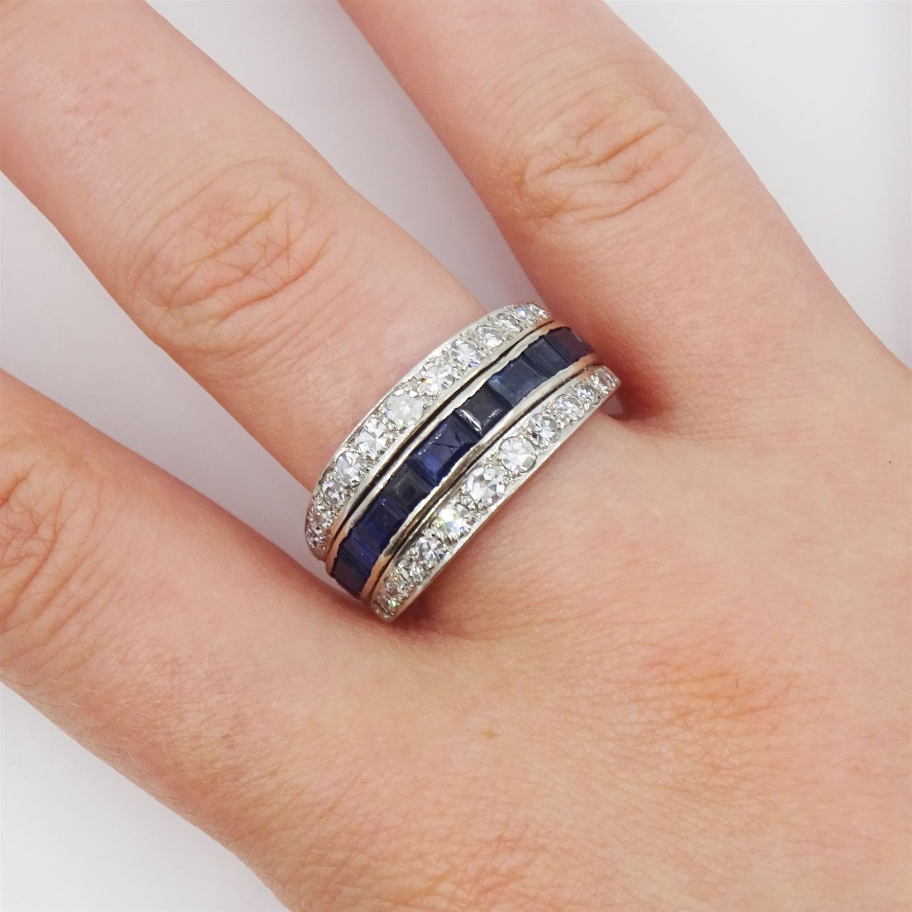 18ct white gold three row calibre cut sapphire and single cut diamond ring, hallmarked, total diamond weight approx 0.65 carat