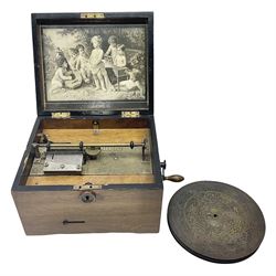 Late 19th century walnut cased Symphonion with side cranking handle, playing 19cm discs on a 7cm comb with forty-one teeth (one broken); lithograph of musical cherubs under hinged lid L27cm; together with eight 19cm discs