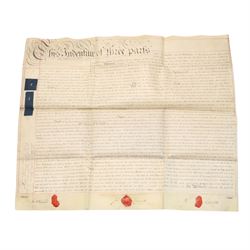 Boldero/Barnard family and Cave Castle estate interest - collection of 18th century vellum indentures and legal documents relating to the Boldero and Barnard families, including York city property in St Helen’s, Stonegate and Swinegate, the manor of Cornbrough in the parish of Sheriff Hutton, and later Henry Boldero Barnard of Cave Castle estate papers, with parties including Robert Fairfax, Jonathan Barnard, John Kilvington and John Lund, dated 1716-1786, with wax seals (approx. 15)