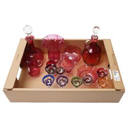 Cranberry glass decanter, claret jug, Mary Gregory style vase, glasses with coloured bowls etc
