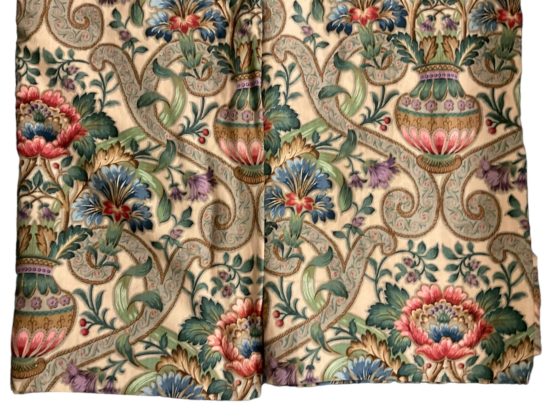 Two pairs of lined curtains, ivory ground fabric decorated with jardinieres of flowers spaced by scroll motifs, W329cm, fall 237cm (2)