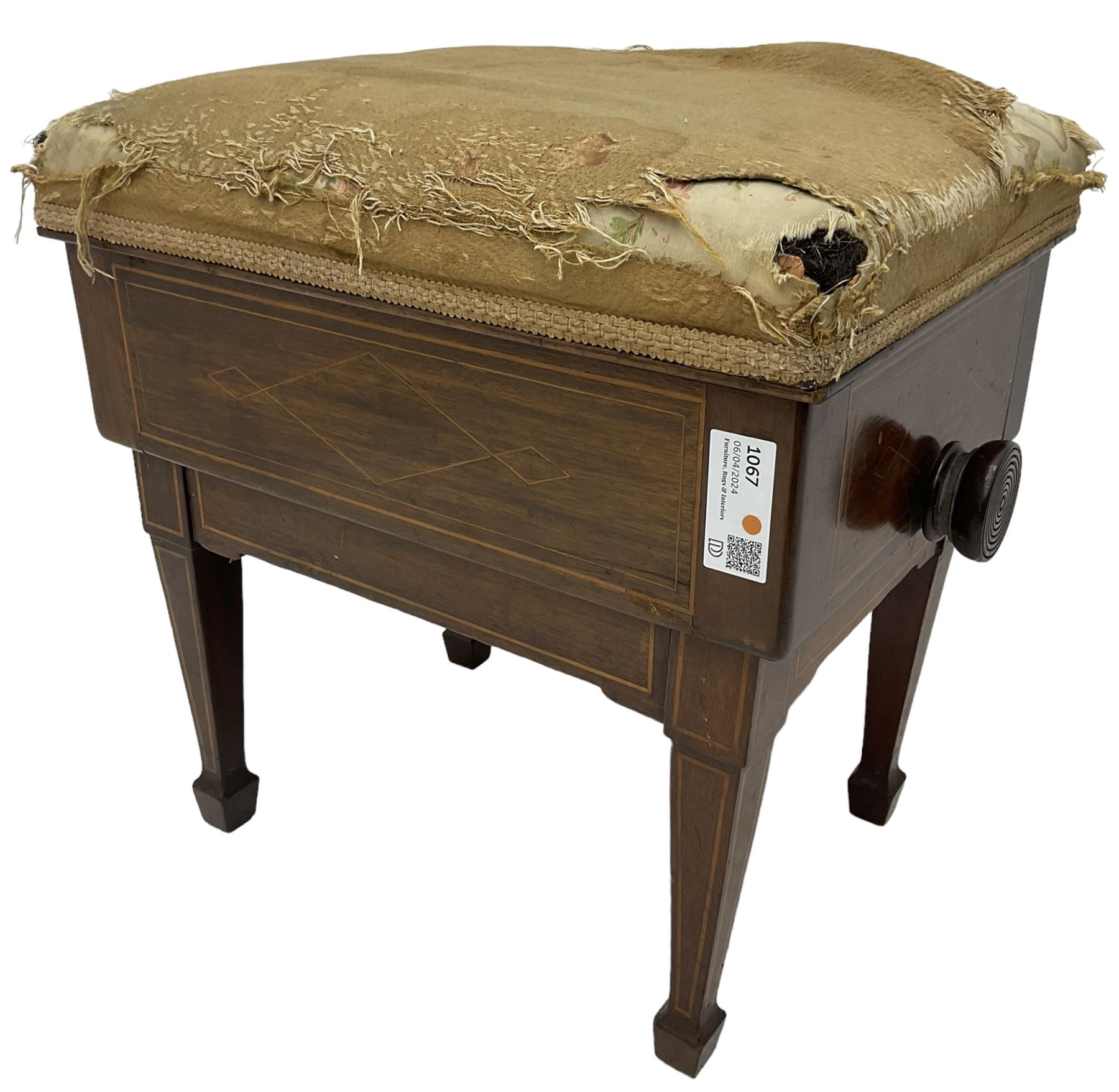 Edwardian inlaid mahogany piano stool, upholstered adjustable seat, inlaid with geometric boxwood stringing, on square tapering supports with spade feet