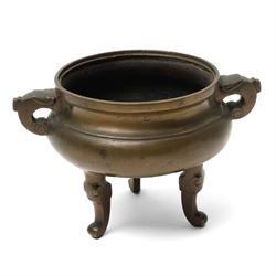 19th century Chinese bronze censer with loop handles and on shaped supports D13cm and an Asian bronze bell H17cm