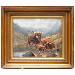 C H Wadsworth (British early 20th century): Highland Cattle Watering, oil on canvas signed 29cm x 37cm