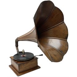 Early 20th century oak cased gramophone, the motor marked 'Garrard No.20 REF No.1030', with ribbed oak horn, base 30cm square; with one 78rpm record and Columbia tin of needles