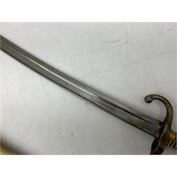 French Model 1866 sabre bayonet with 57cm fullered steel curving blade; in steel scabbard L71cm overall; another Model 1866 sabre bayonet lacking scabbard; and British Pattern 1856 sword bayonet (no scabbard) (3)
