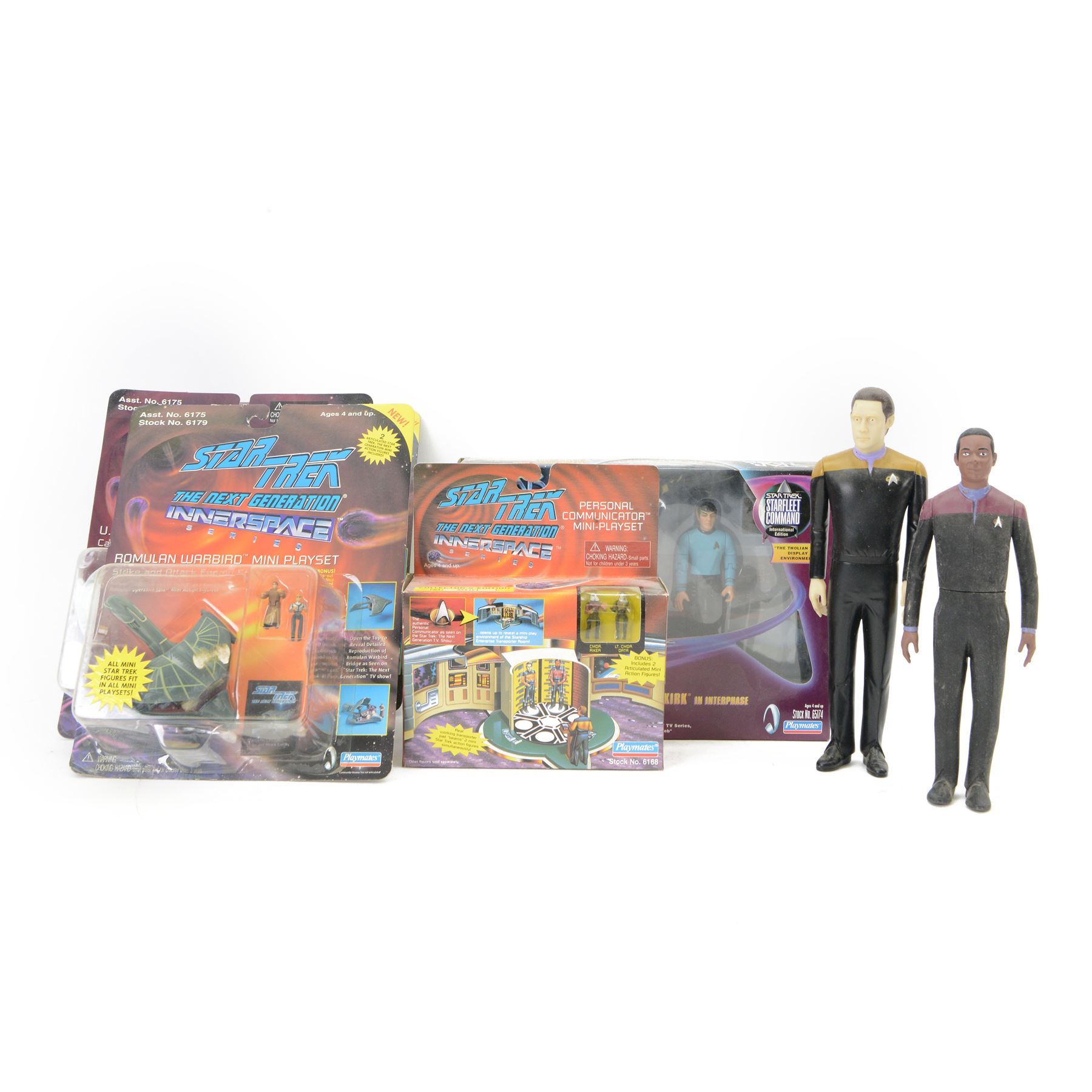 Four Bandai Playmates Star Trek Interspace Mini Playsets, comprising Romulan Warbird, Borg Ship, U.S.S Stargazer Starship and Collector's Edition Personal Communicator collector's no. 059464, together with a Bandai Playmates Star Trek Star Fleet Command International Edition Captain James Kirk Mr Spock In Interphase, all boxed or carded, together with two loose Star Trek figures