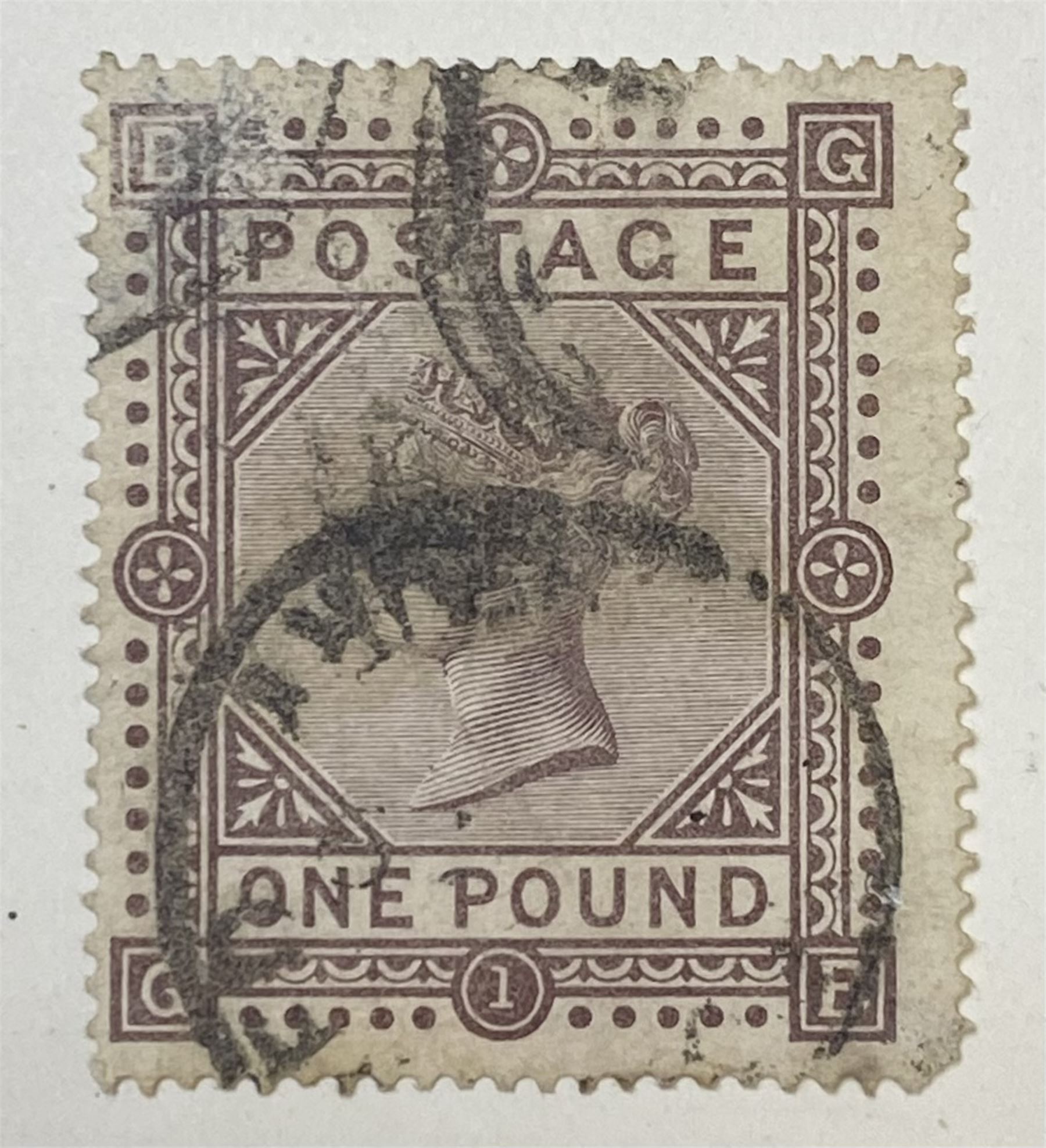 Great Britain Queen Victoria 1867-83 one pound brown-lilac stamp, plate one, used, previously mounted