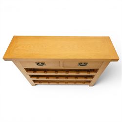 Contemporary solid oak wine rack console table, rectangular top fitted with two drawers, over a three-tier wine rack for twenty-four bottles, on square canted feet