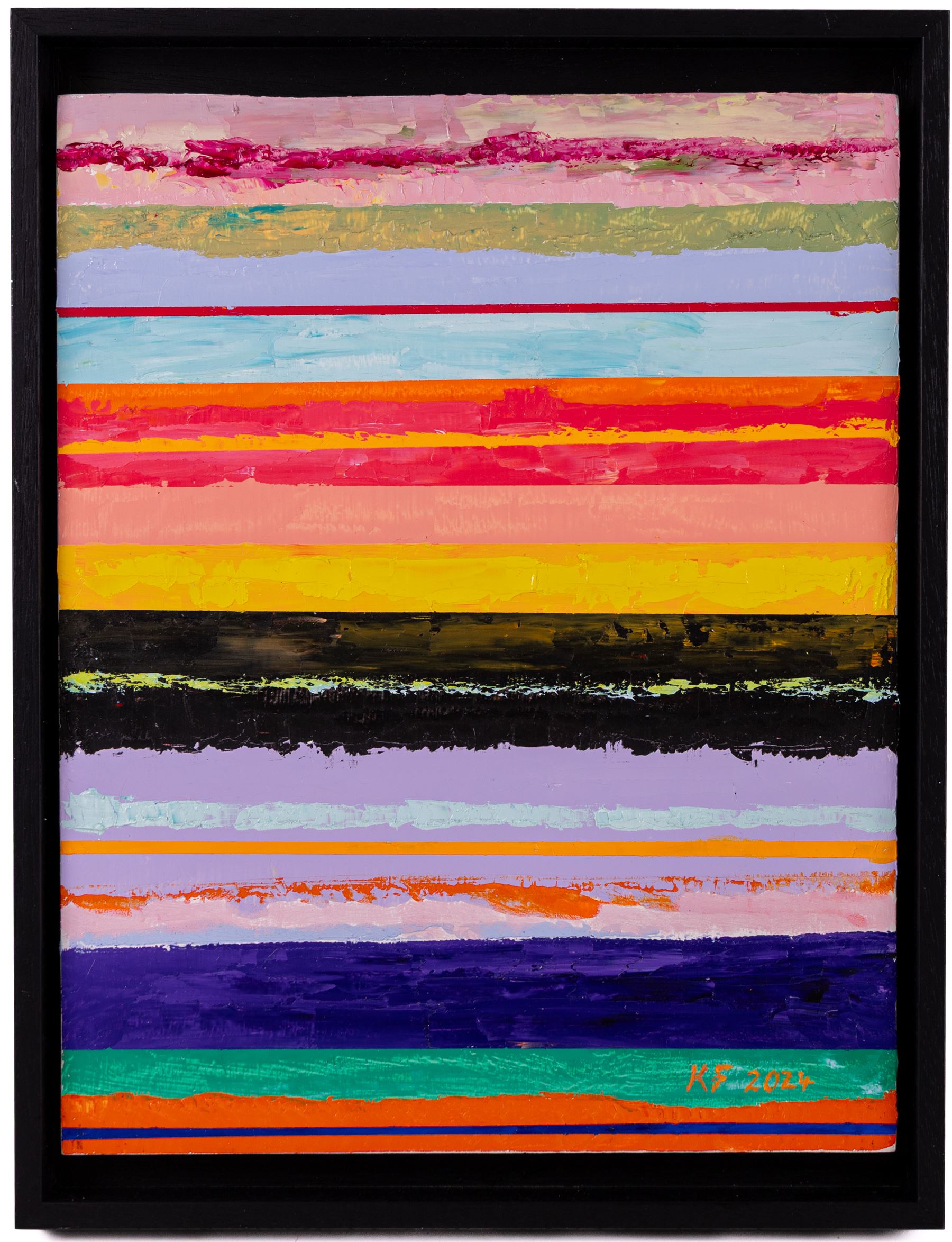 Kieron Farrow (British 1949-): 'Horizon', three oils on board signed and dated 2024, two of the same size, one slightly larger, 41cm x 30cm (3)