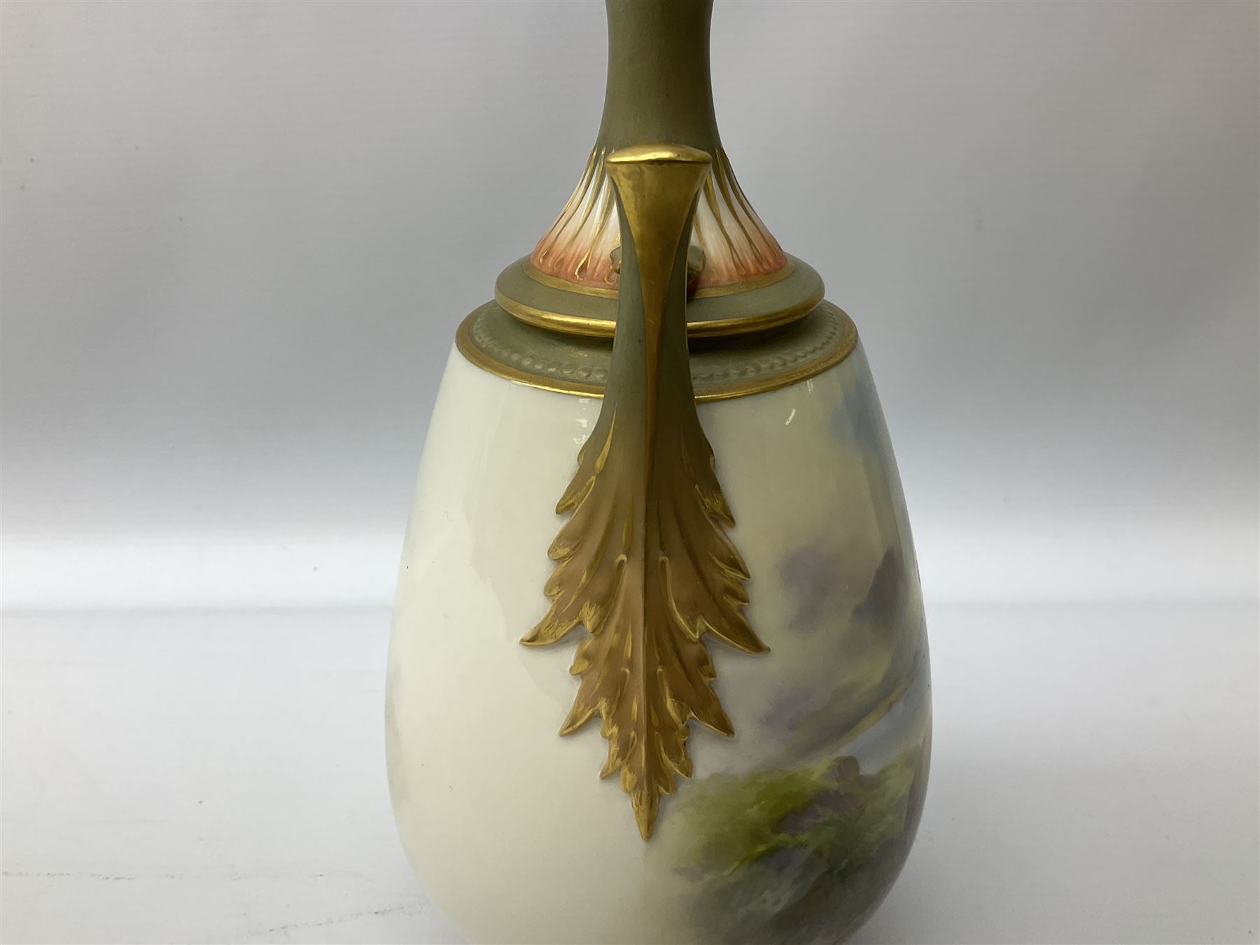 Early 20th century Royal Worcester vase decorated by Harry Davis, of ovoid form with twin acanthus mounted handles and waisted high neck supporting a domed cover, upon a circular foot, the body hand painted with sheep in a highland landscape, signed H Davis, with puce printed marks beneath including shape number 2425, and date code for 1907, H27.5cm