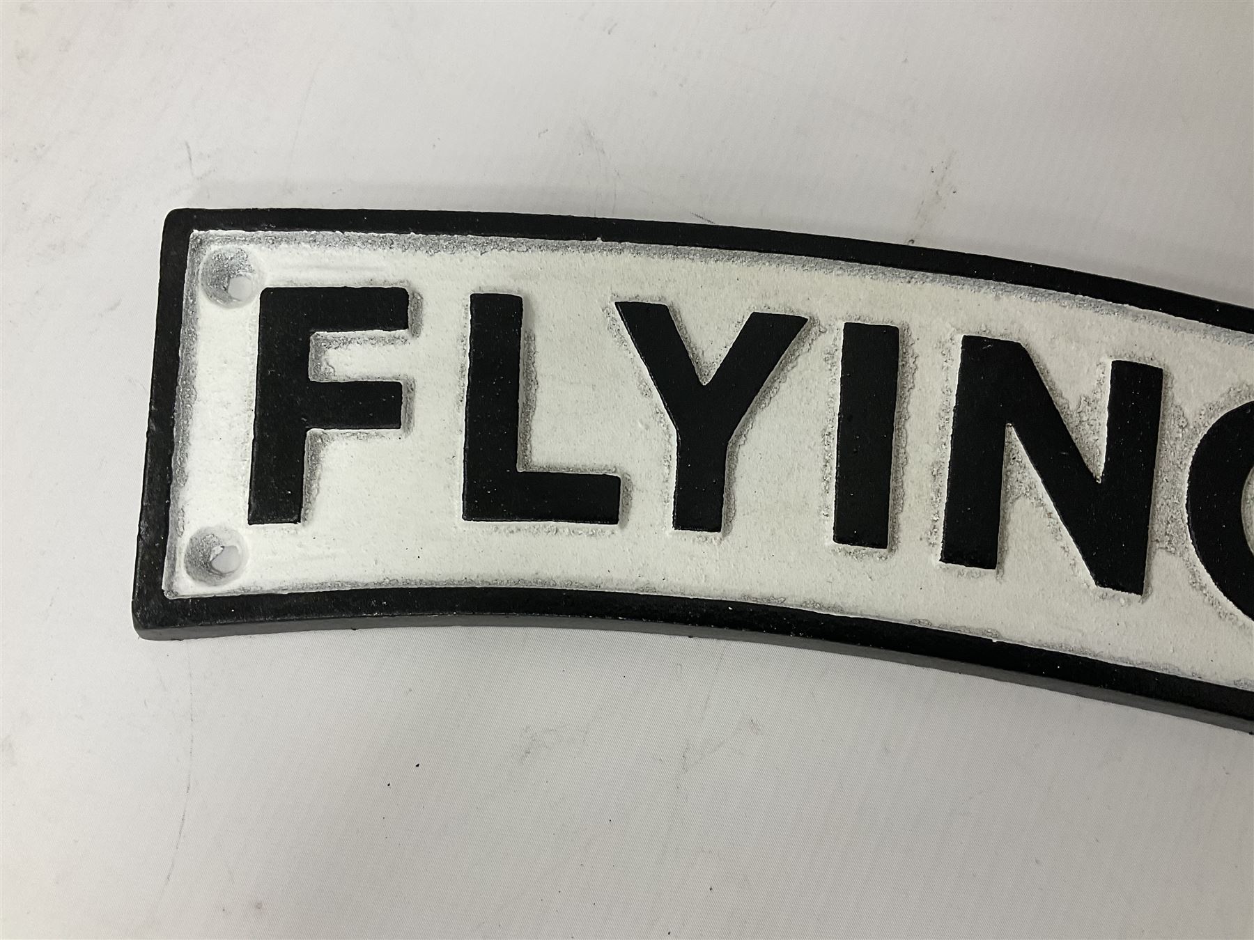 Cast iron Flying Scotsman arched type railway sign, L89cm THIS LOT IS TO BE COLLECTED BY APPOINTMENT FROM DUGGLEBY STORAGE, GREAT HILL, EASTFIELD, SCARBOROUGH, YO11 3TX