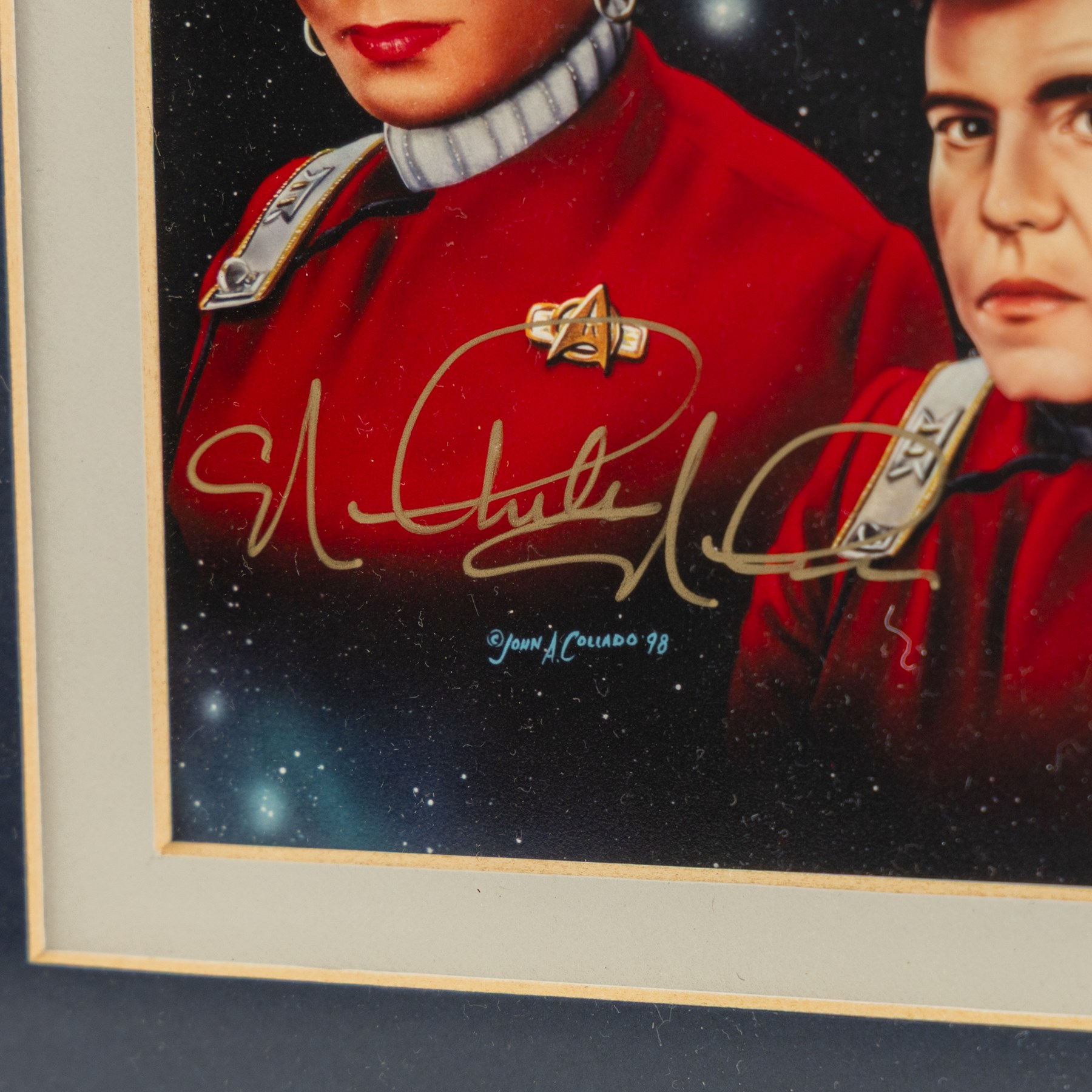 Limited edition Star Wars print 'The Voyage Begins' by Stewart Robinson numbered 516/1701, framed above three signed photographs of William Shatner as Captain James T. Kirk, Leonard Nimoy as Mr Spock and The Star Trek Legendary Four, all with certificates of authenticity verso, frame H109cm, W90cm