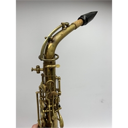 Elkhart 'The Buescher' True-Tone Low Pitch alto saxophone, serial no.147605, in Hiscox Liteflite carrying case with crook