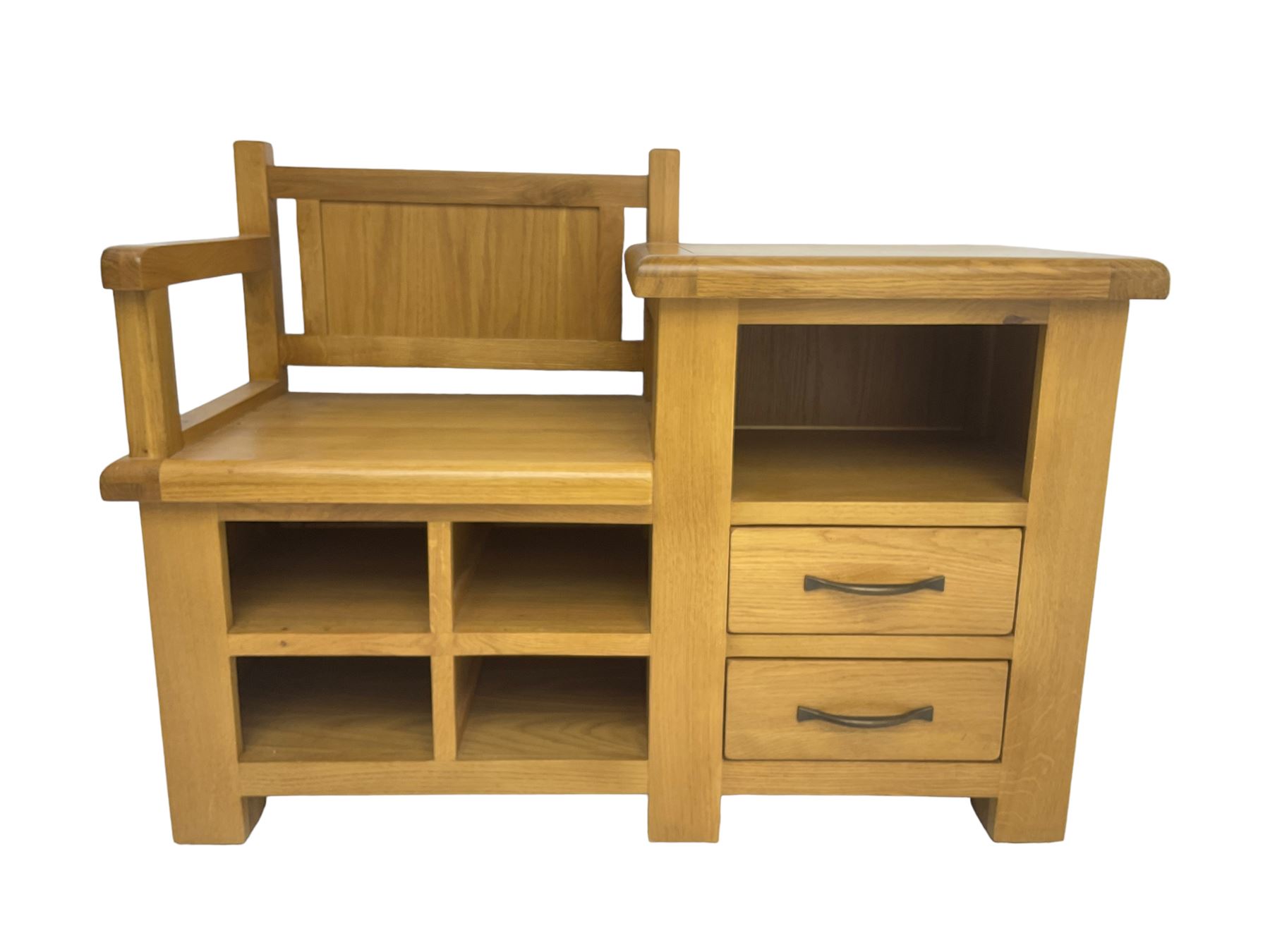 Late 20th century light oak telephone table, seat over four pigeon holes, fitted with shelf over two drawer
