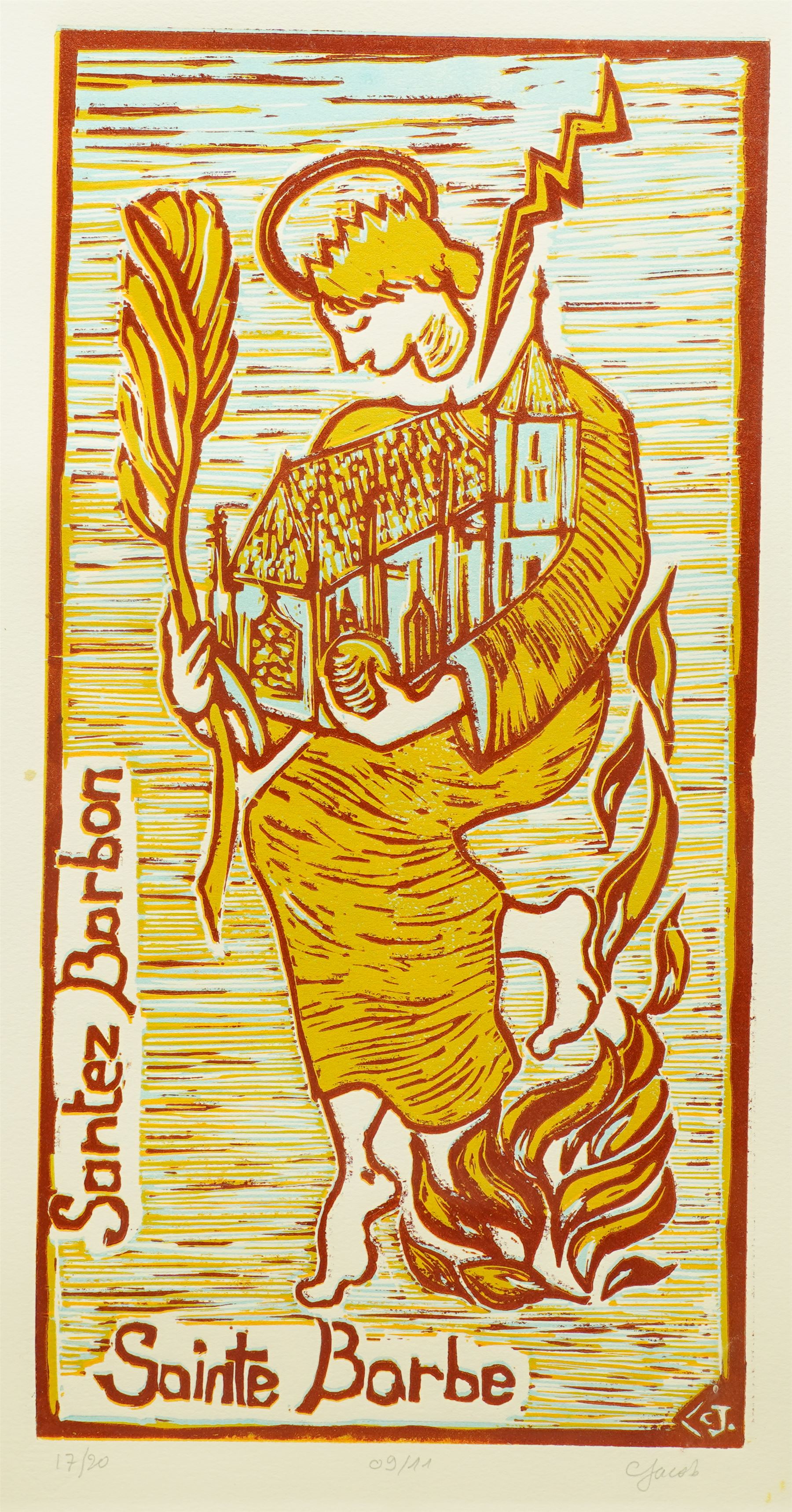 Manner of Jean Chièze (French 1898-1975): 'Santez Barbon' or Saint Barbara, limited edition woodblock print indistinctly signed and numbered 17/20 in pencil, 42cm x 21cm 
