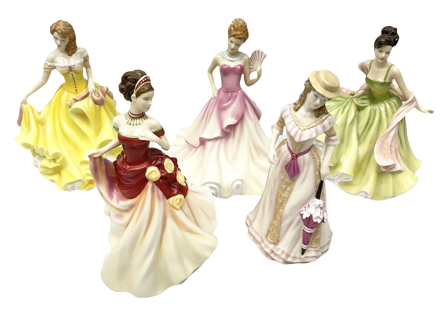 Five Royal Doulton figures from the Pretty Ladies collection, comprising Spring Ball HN5467, Autumn Ball 5465, Summer Ball HN5464, Summer HN5322 and Spring HN5321