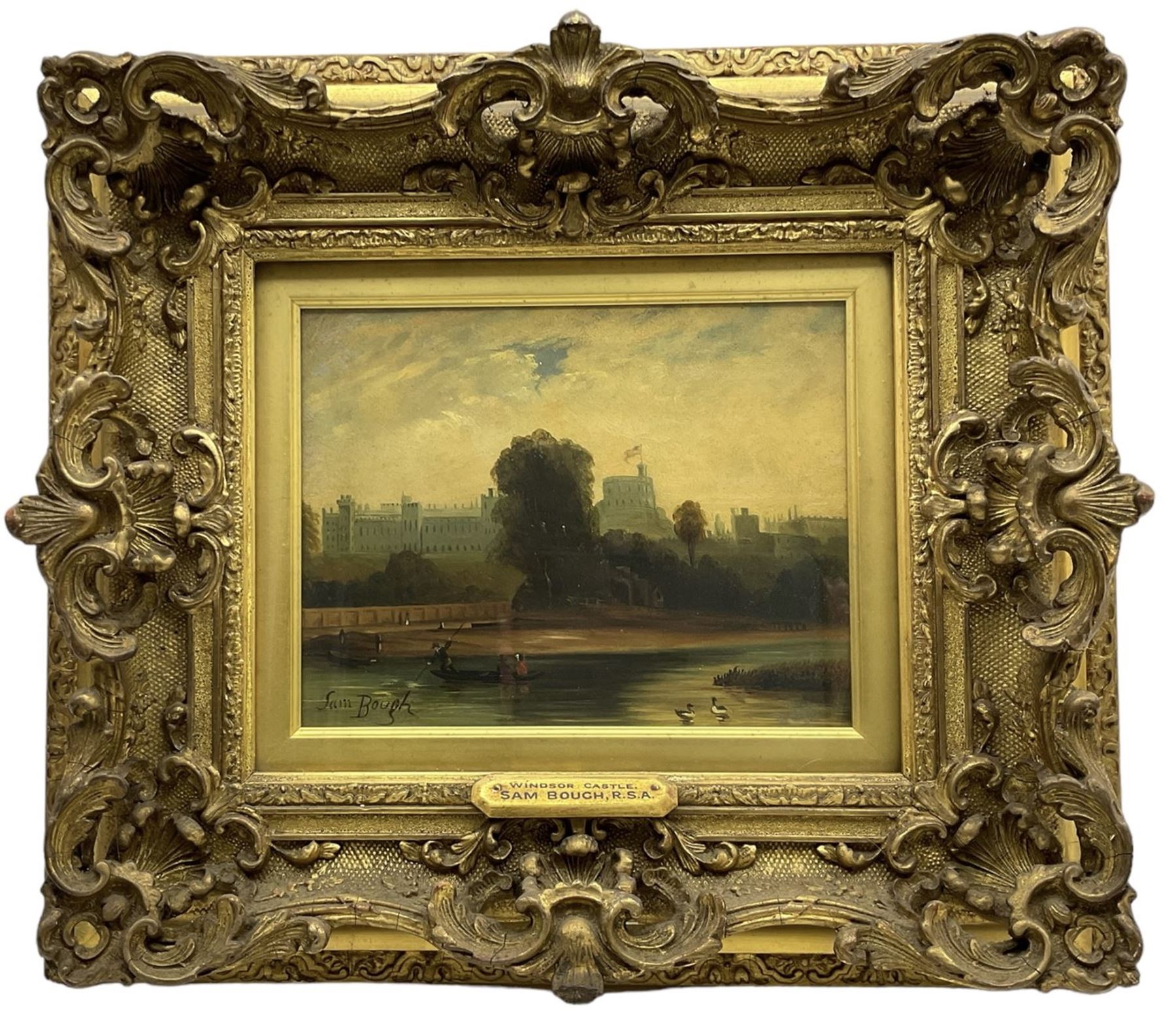 Sam Bough RSA RSW (Scottish 1822-1878): 'Windsor Castle', oil on board signed, titled on plaque 18cm x 23cm in superb carved giltwood frame